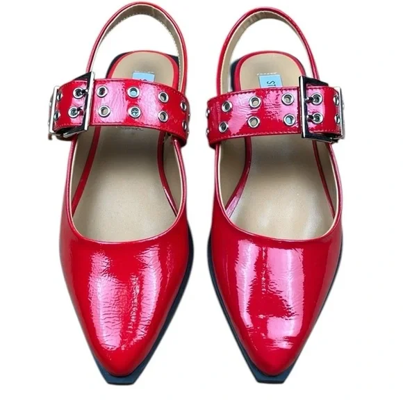 Steve Madden Red Studded Buckle Leather Y2K Slingback Flats Vintage Retro New - Picture 9 of 12